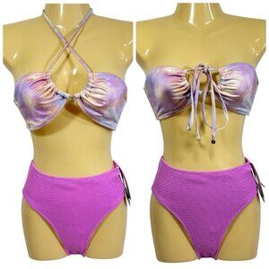 NWT VICTORIA’S SECRET MULTI WAY TIE DYE TOP & HIGH WAIST RIBBED BIKINI SET M‎